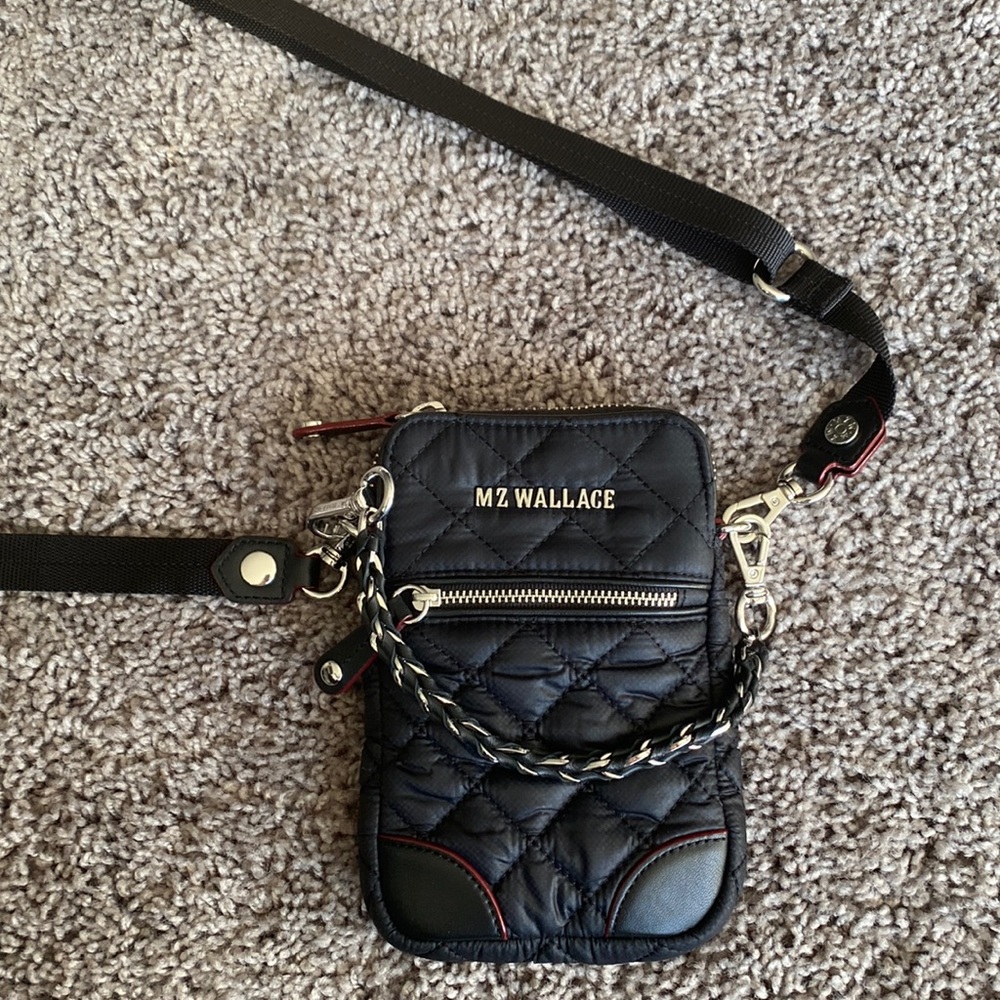 MZ Wallace Black Quilted Crossbody Mini Bag with Red Trim